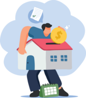 Home Debt and Financial Responsibility Illustration. A Man Carrying a House with a Coin and Calendar. png