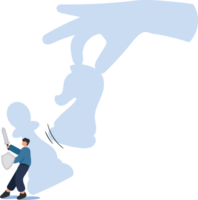 Facing Business Challenges. A Businessman with Sword and Shield Hiding Behind a Pawn, While a Giant Hand Holds a Chess Knight png