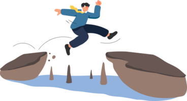 Error and 404 Man Jump Illustration. a man mid-jump over a gap between cliffs, symbolizing bravery, determination, and overcoming challenges. png