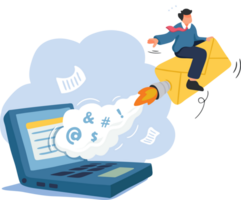 Social Media and Fast Communication Illustration. A Whimsical Character Rides a Rocket-Boosted Envelope. png