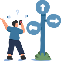 Navigation and Decision-Making at a Crossroads Illustration. A Man Stands Thoughtfully Beside a Signpost with Arrows Pointing in Multiple Directions. png