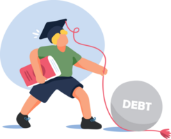 Student Debt Illustration. A Young Boy Struggles Under a Graduation Cap Weighed Down by a Large Debt Ball. png