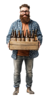 A bearded man holding a wooden crate with beer bottles png