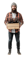 A bearded man holding a box of beer bottles png