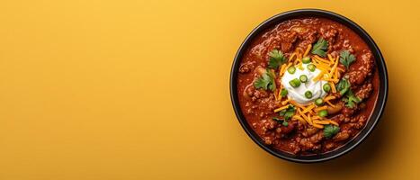 Close up of a bowl of hearty chili topped with shredded cheese, sour cream, and cilantro photo