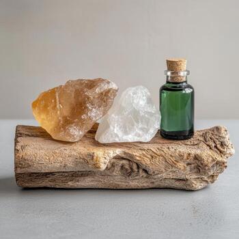 cristales y esencial petróleo botella en madera flotante foto