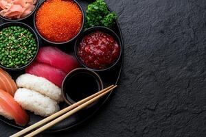 Sushi platter with various toppings and sauces photo