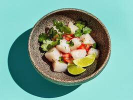 Delicious ceviche in a rustic bowl with lime wedges photo