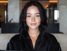 Portrait of a young woman with freckles, wearing a black top photo