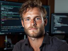 Portrait of a young programmer working late at night on his computer photo