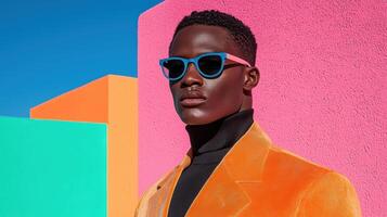 Stylish man in colorful sunglasses posing against a vibrant pink and orange wall photo