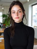 Portrait of a young woman with freckles wearing a black turtleneck sweater photo