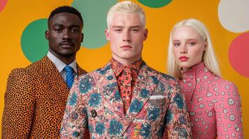 Three diverse models in stylish patterned suits against a colorful background photo