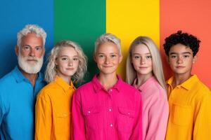 Multi generational family portrait against a colorful background photo