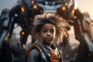 young child with curly hair in futuristic setting photo