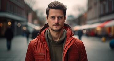 man in red jacket walking on city street photo