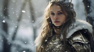 Mysterious woman in winter landscape photo