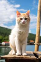 Fluffy white cat sitting on wooden dock with mountain and lake in background photo