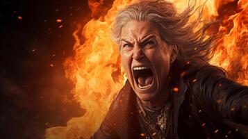 Intense expression of a person with fiery background photo