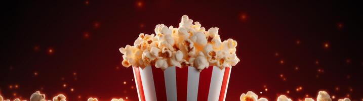 delicious popcorn in a striped box against a dark background photo