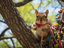 Curious squirrel in tree with colorful decorations photo