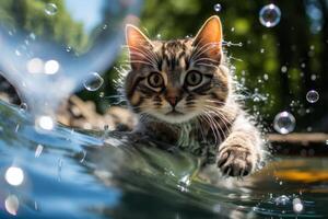 Curious cat peeking through water with bubbles photo