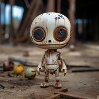 Creepy vintage style toy figure in abandoned setting photo