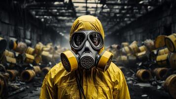 person in yellow hazmat suit standing in industrial setting photo