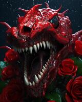 Monstrous creature with sharp teeth emerging from a bed of red roses photo