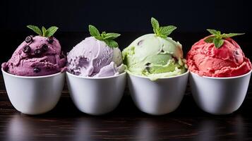 Assortment of colorful ice cream scoops in cups photo