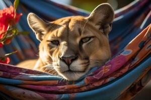 Cougar resting in hammock photo