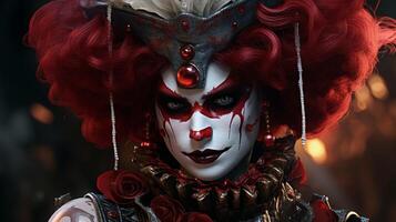 Haunting Clown Portrait with Intense Gaze and Dramatic Makeup photo
