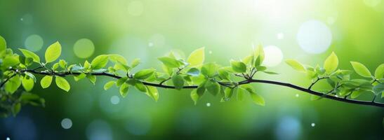 fresh green leaves on branch with blurred nature background photo