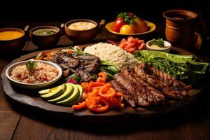 Delicious grilled meat and vegetable platter on wooden table photo