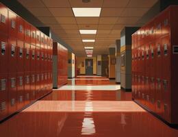 Empty school hallway with red lockers photo