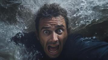man with shocked expression underwater photo