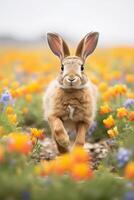 Adorable rabbit in a field of colorful flowers photo