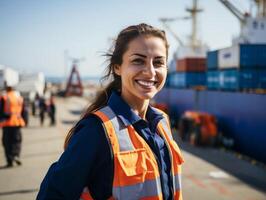 smiling woman in high visibility vest at industrial site photo