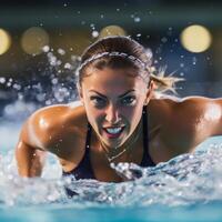 Determined swimmer splashing in pool photo