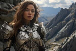 Adventurous woman in armored costume overlooking mountain landscape photo