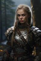 Fierce female warrior in medieval armor photo
