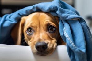 Adorable dog peeking out from under a blue blanket photo