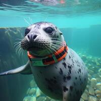 Curious seal with orange life jacket underwater photo