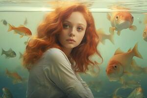 redheaded woman underwater with goldfish photo