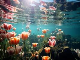 underwater tulip garden with sunlight photo