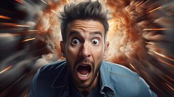 shocked man with wide eyes and open mouth in front of explosion photo