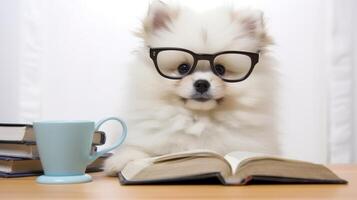 Adorable fluffy dog wearing glasses reading a book with a cup of coffee photo