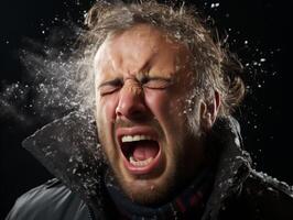 Intense facial expression of a man shouting in the cold photo