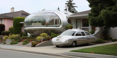 futuristic home with glass bubble and retro car photo