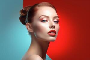glamorous woman with red lips and blue eyes photo